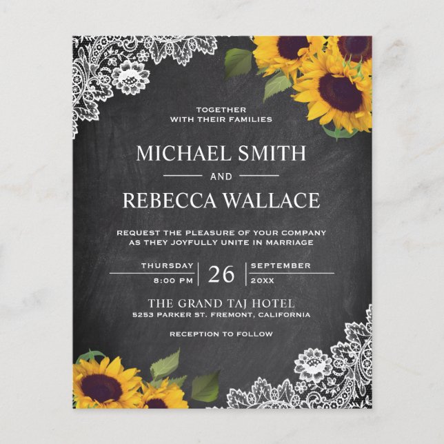 Chalkboard Sunflower Budget Faire-part de mariage (Devant)
