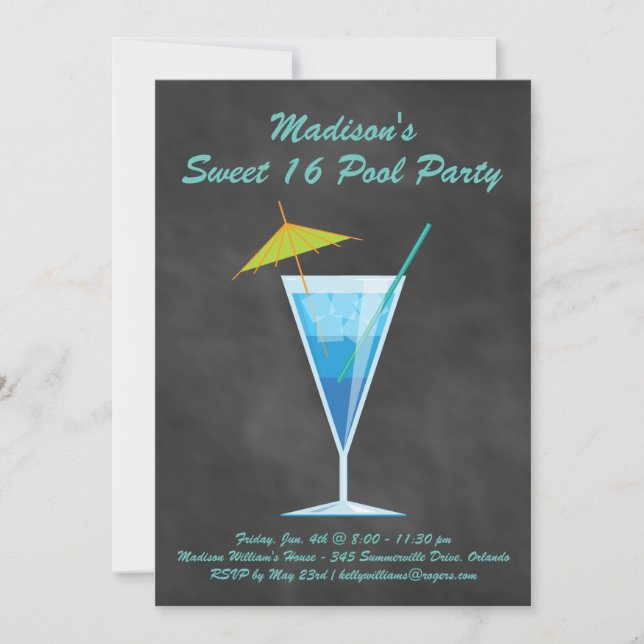 Chalkboard Sweet 16 Pool Party Invitation (Devant)