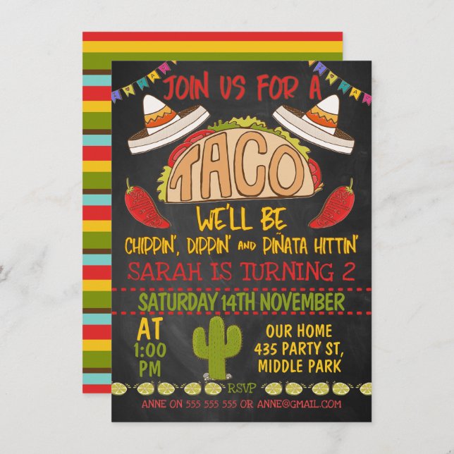 Chalkboard Taco Invitation du 2° anniversaire (Devant / Derrière)