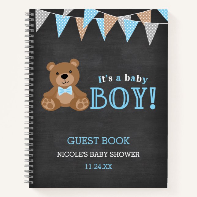 Chalkboard Teddy Bear Boy Baby shower livre d'hôte (Devant)