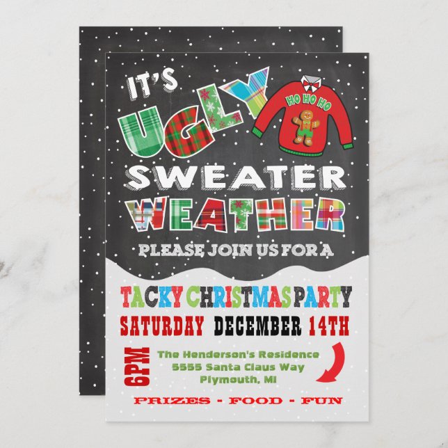 Chalkboard UGLY Christmas Sweater Invitations (Devant / Derrière)
