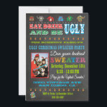 Chalkboard Vilain Chandail de Noël Invitation phot<br><div class="desc">Fête de Noël super amusante et moche, faite dans un style tableau noir. Lettres modernes, lumières de Noël et un affreux pull-overs contre un arrière - plan de tableau noir. Remplacez simplement la photo ci-dessous par votre photo et ajustez-vous pour vous adapter. Si vous avez besoin de moi pour configurer...</div>