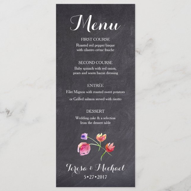 Chalkboard Watercolor Flower Menu Cardn rustique (Devant)