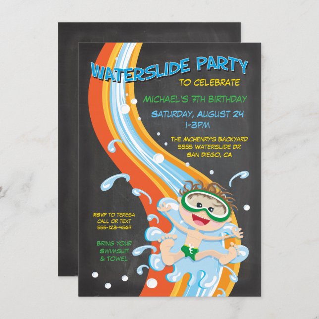 Chalkboard Waterslide Pool Party Invitation (Devant / Derrière)