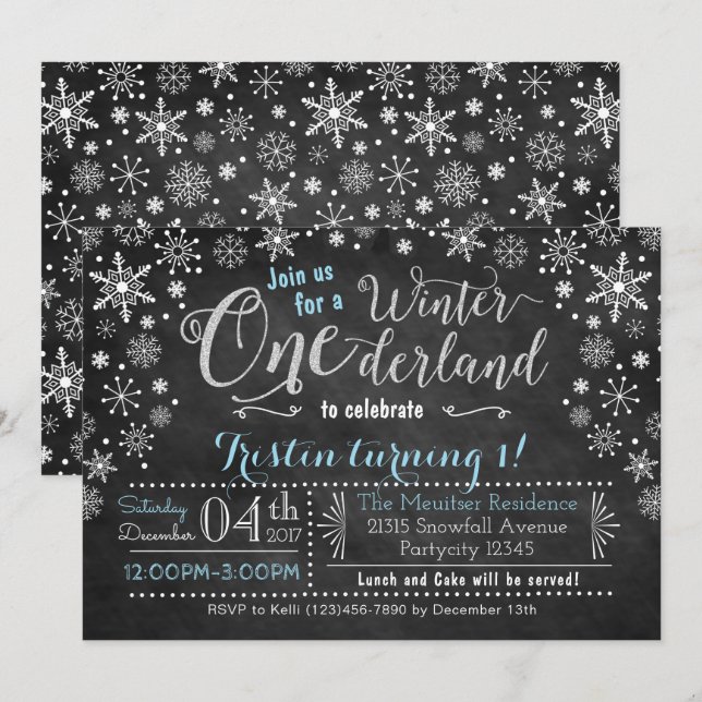 Chalkboard Winter ONE derland Invitation d'anniver (Devant / Derrière)
