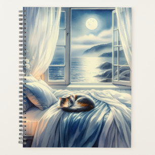 Chambre côtière au clair de lune avec chat endormi