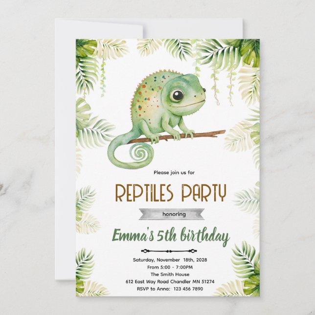 Chameleon birthday party invitation (Devant)