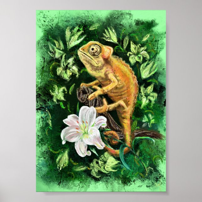 Chameleon En Feuille Poster Vert - Peinture (Devant)