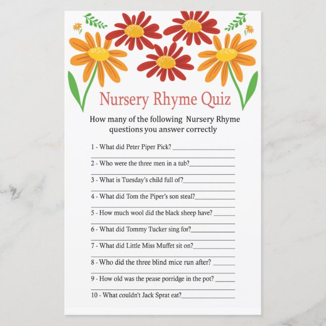 Chamomile Nursery Rhyme Quiz jeu de baby shower (Devant)