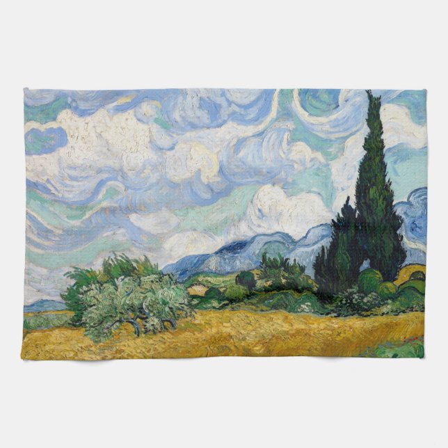 Champ de blé avec Cyprès Serviette de cuisine (Horizontal)