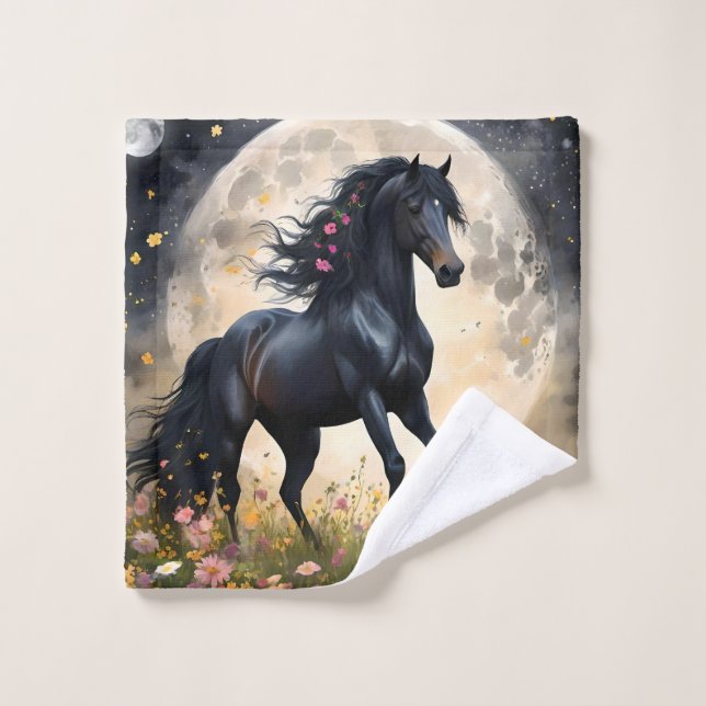 Champ de fleur de lune de cheval noir, (Gant de toilette)