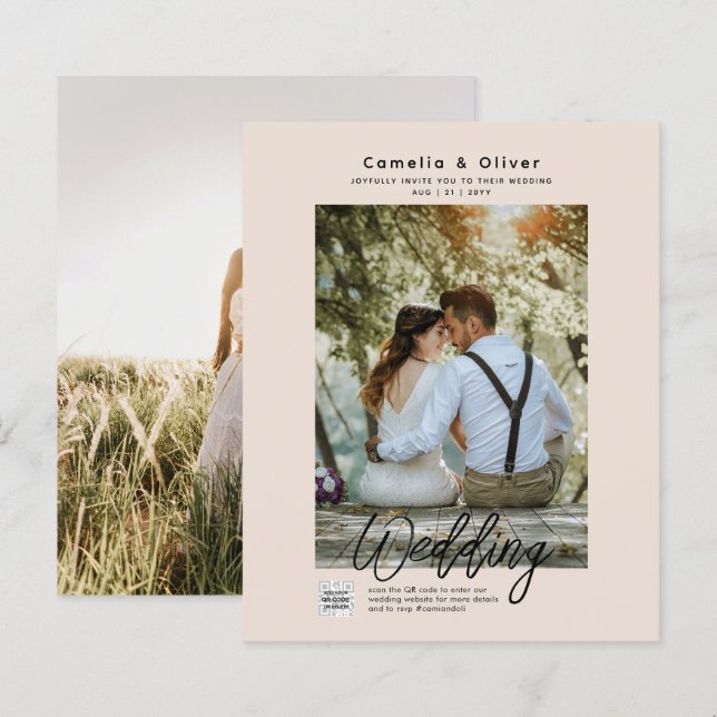Champagne Blush PHOTO Faire-part de mariage QR Cod (Devant / Derrière)