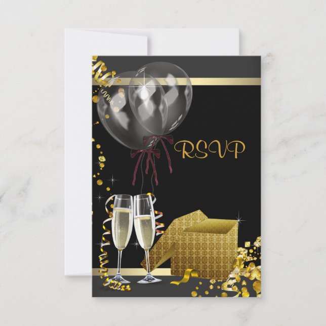 Champagne Confetti Black Gold Surprise Party RSVP (Devant)