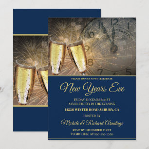 Champagne élégant et horloge Nouvel An Invitation