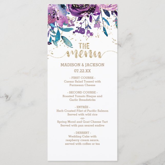 Champagne Florale Violet Gold Confetti Menu Mariag (Devant)