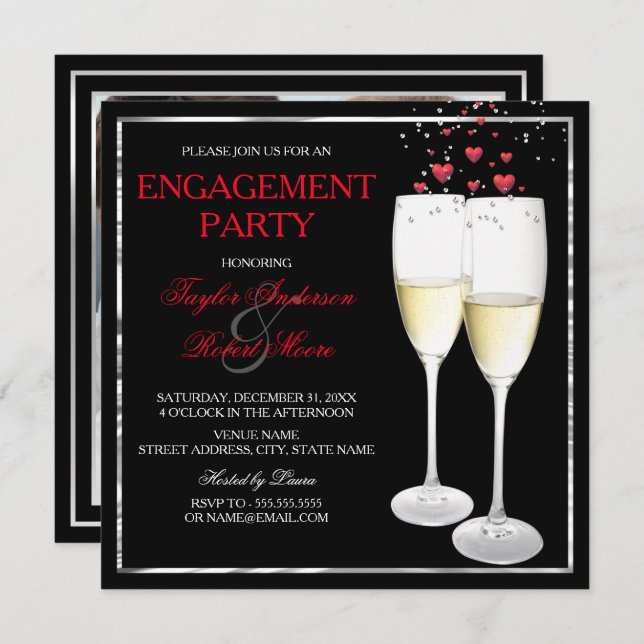 Champagne Heart Engagement Party Photo Invitation (Devant / Derrière)