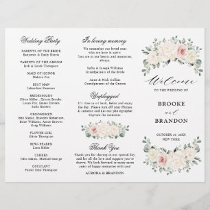 Champagne Ivory Blush Rose Floral Wedding Programm