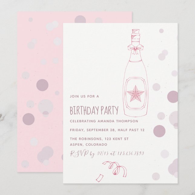 Champagne rose et Confetti Adulte Invitation d'ann (Devant / Derrière)