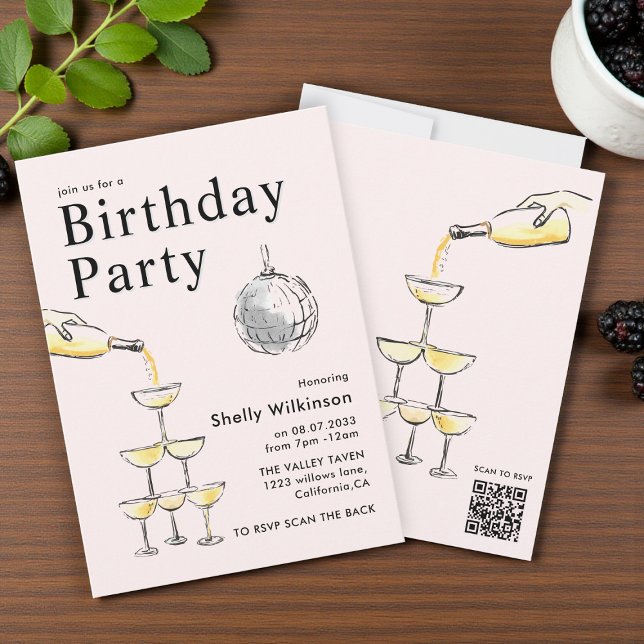 Champagne Tower disco ball Birthday  Invitation (Créateur téléchargé)