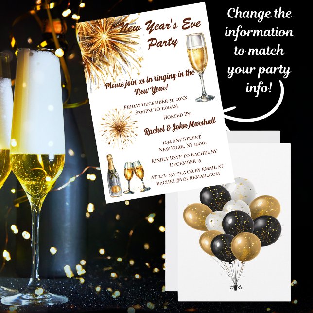 Champagne White & Gold Nouvel An Invitation de rév (Send out your New Year's Eve Party invitation with style and elegance!)