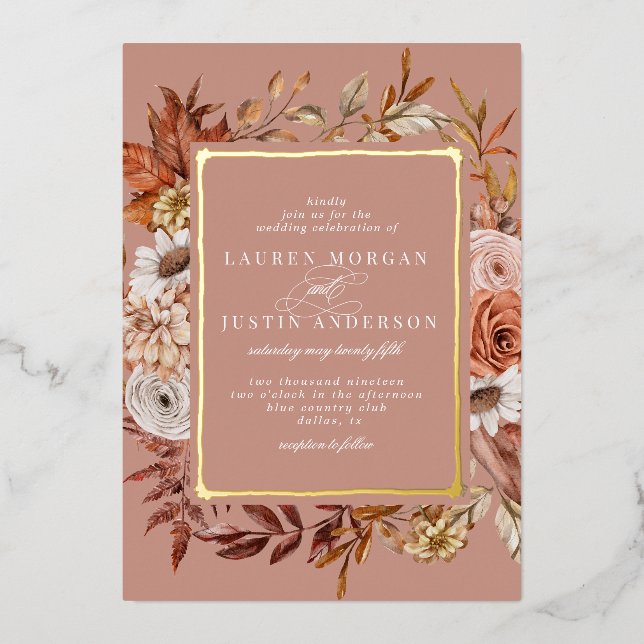 champêtre automne floral Mariage Foil Invitation (Recto)