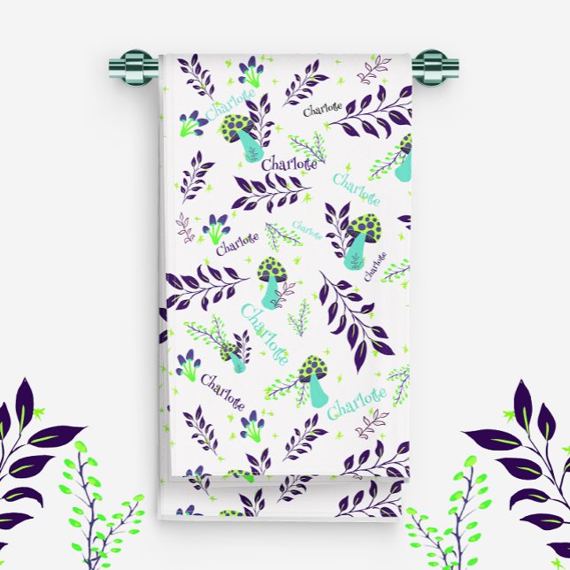 Champignons blancs et bleus Motif Personnalisé Nom (A funny garden with mushrooms and flowers for your baby! With Custom Name!)