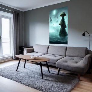 Champignons, brouillard et océan AI Art Poster