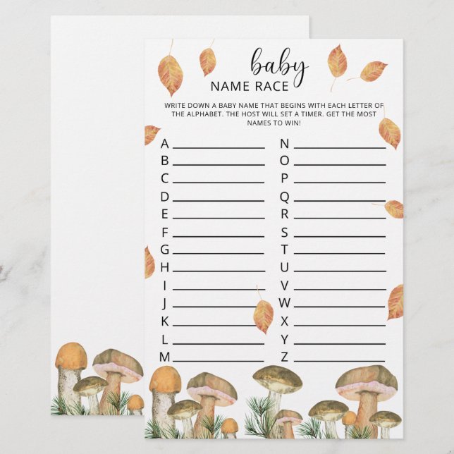 Champignons de forêt - jeu de noms de bébé (Devant / Derrière)