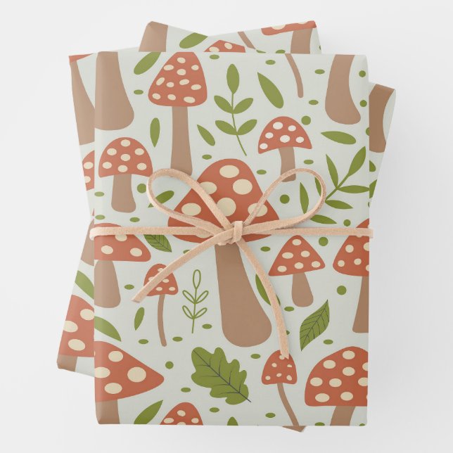 Champignons en terre cuite avec feuilles vertes  (En situation)