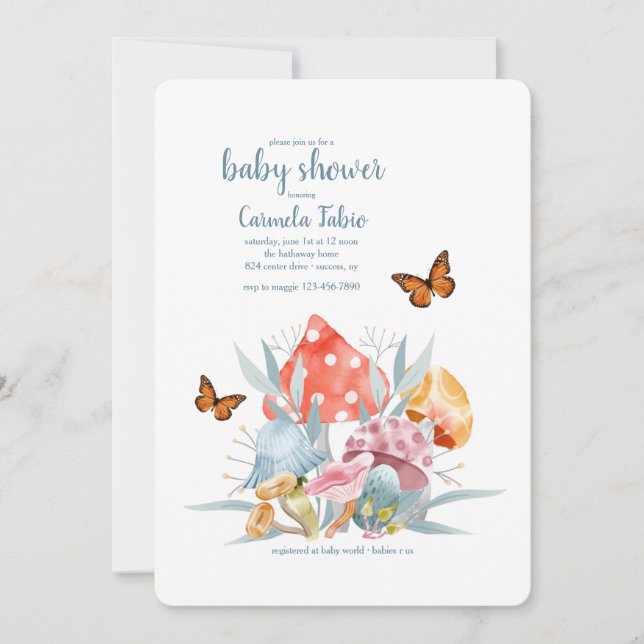 Champignons et papillons Baby shower Invitation (Devant)