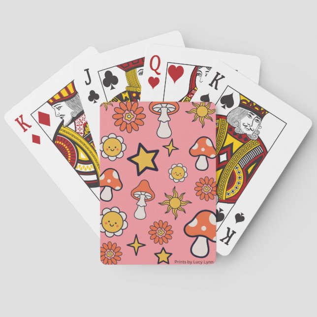 Champignons, Fleurs, & Étoiles Cartes De Jeu Rose (dos)