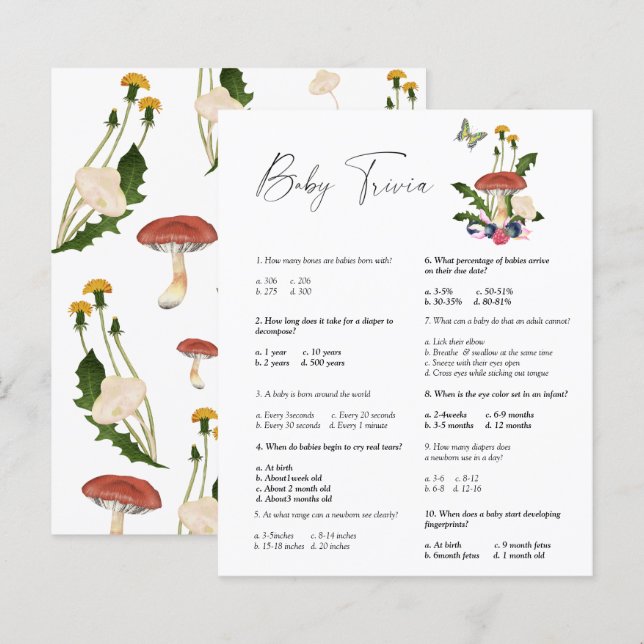 Champignons forêt - Bébé Quiz | Jeu de Baby Shower (Devant / Derrière)