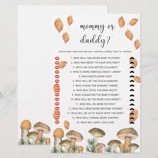 Champignons - jeu de baby shower maman ou papa (Devant / Derrière)