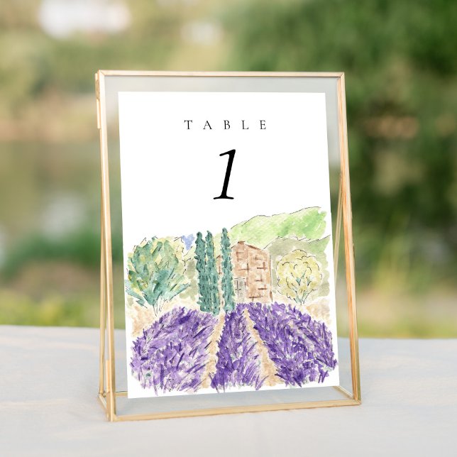 Champs de lavande d'aquarelle Table Mariage 5x7" N (Watercolor lavender fields wedding table number sign.)