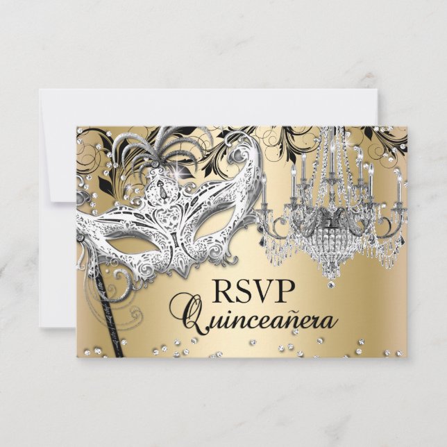 Chandelier Masquerade Gold Quinceanera RSVP (Devant)