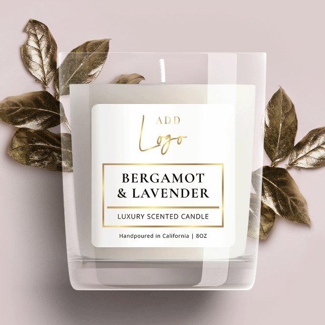 Chandle Jar Produit Étiquette Moderne Elegant Gold (Product labels in white and faux gold with space for your logo and custom text)