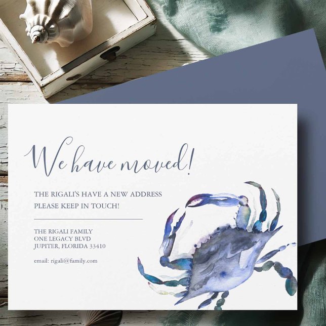 Changement d'adresse Faire-part de déplacement du  (Moving announcement cards blue crab art by Victoria Grigaliunas of Do Tell A Belle.)