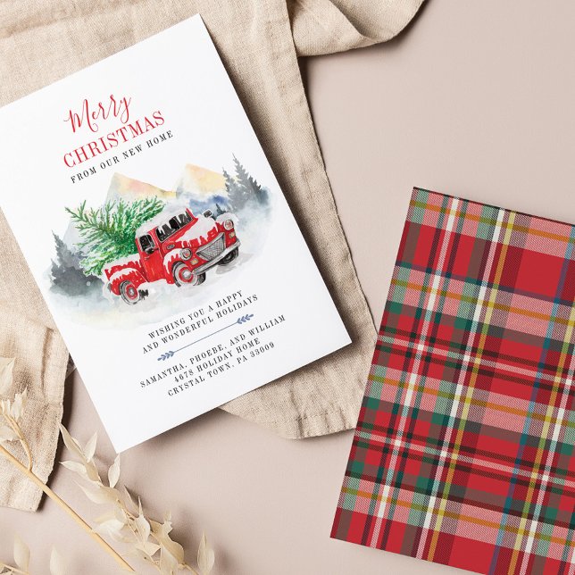 Changement d'adresse Noël (Plaid Red Truck Christmas Holiday Moving Announcement)