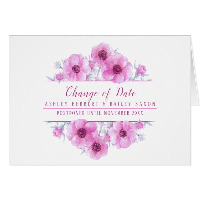 Changement de date anemone rose mariage carte repo (Devant horizontal)