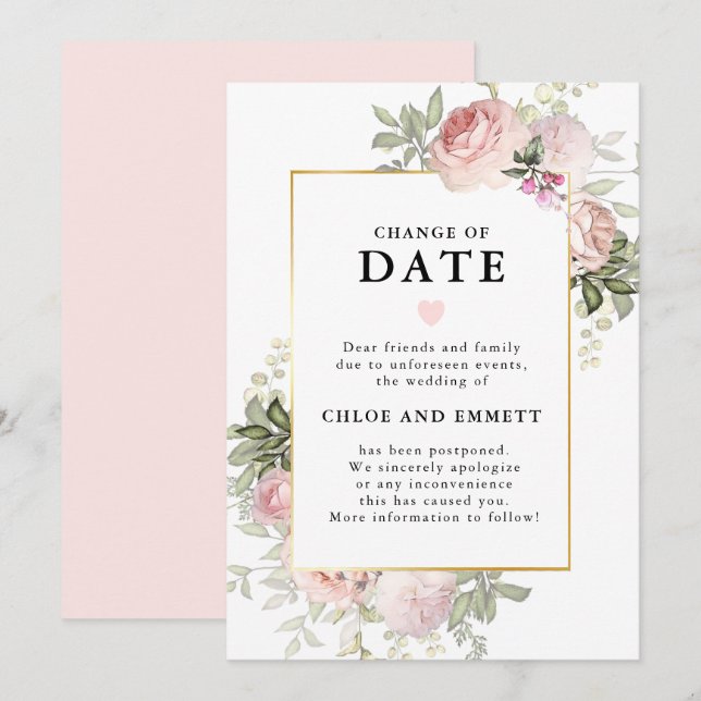 Changement de date Pink Floral Mariage Faire-part (Devant / Derrière)