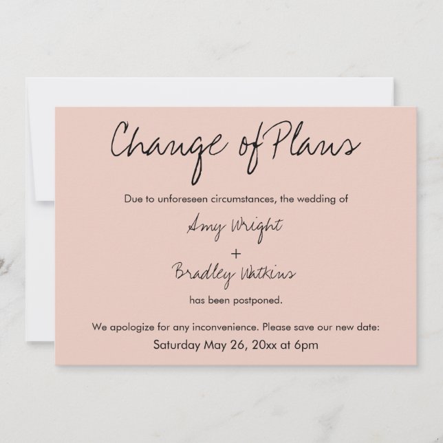 "Changement de plan" Carte Blancs Mariage reportée (Devant)