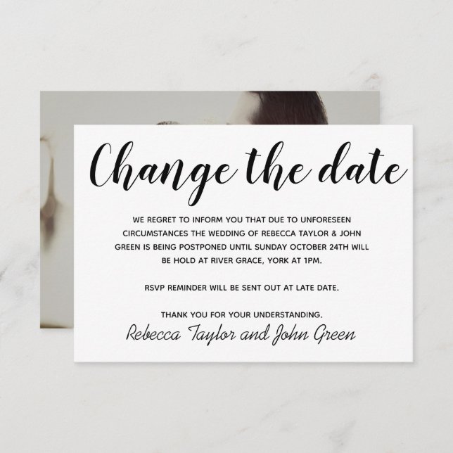 Changer la date de report de mariage simple carte  (Devant / Derrière)