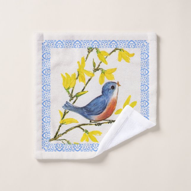 Chanter Bleu Rouge Oiseau Jaune Fleurs Bleu Bordur (Gant de toilette)