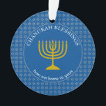 CHANUKAH BÉNÉFICIE DE BÉNÉFICES| Menorah| Hanoukka<br><div class="desc">L'élégant Tekhelet Blue CHANUKAH BÉNÉFICIE de l'ornement acrylique avec la fausse étoile d'argent de David dans un motif carrelé dans le arrière - plan, et d'une menorah d'or faux au centre. Le texte lit CHANUKAH BÉNÉFICIE DE NOTRE MAISON À VOTRE ET est PERSONNALISABLE, vous pouvez donc modifier le message comme...</div>