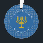 CHANUKAH BÉNÉFICIE | Menorah | HANOUKKA<br><div class="desc">Stylish Tekhelet Blue CHANUKAH BÉNÉFICIE de l'ornement acrylique avec l'étoile faux argent de David dans un motif carrelé dans l'arrière - plan, et une menorah faux or au centre. Le texte lit CHANUKAH BÉNÉFICIE DE NOTRE MAISON À VOTRE ET est PERSONNALISABLE, de sorte que vous pouvez modifier le message comme...</div>