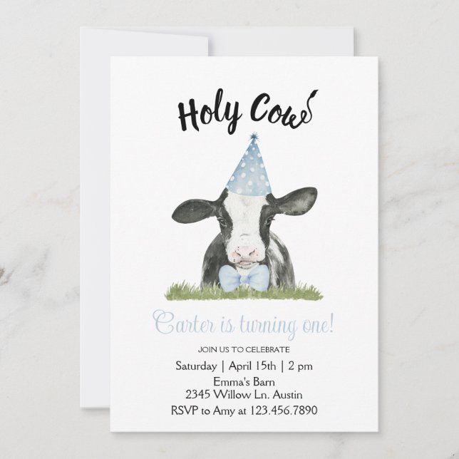 Chapeau de fête bleu avec vache Invitation Imprimé (Devant)