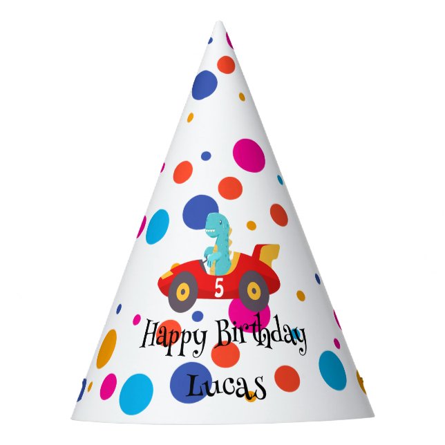 Chapeaux De Fètes Anniversaire Dinosaur race voiture garçon course r (Devant)