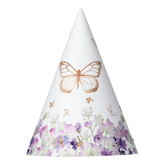 Chapeaux De Fètes Anniversaire fleuri violet papillon d'or (Devant)