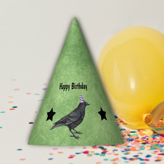 Chapeaux De Fètes Black Crow violet fête d'anniversaire Casquette Ét (Black crow in purple striped party hat black stars on green Birthday paper party hat.)