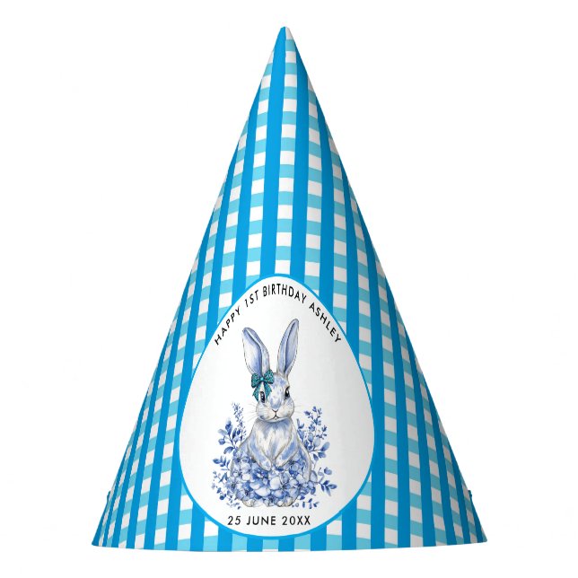 Chapeaux De Fètes Blue Floral Rabbit 1er anniversaire pour les enfan (Devant)